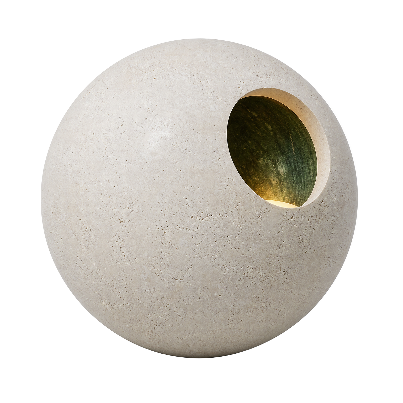 Ivory stone sphere with a small opening revealing a deep green interior lit by warm golden light